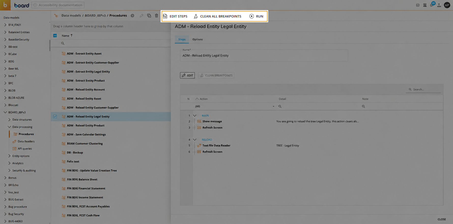 Interface showing procedures for reloading legal entity data in a software application.